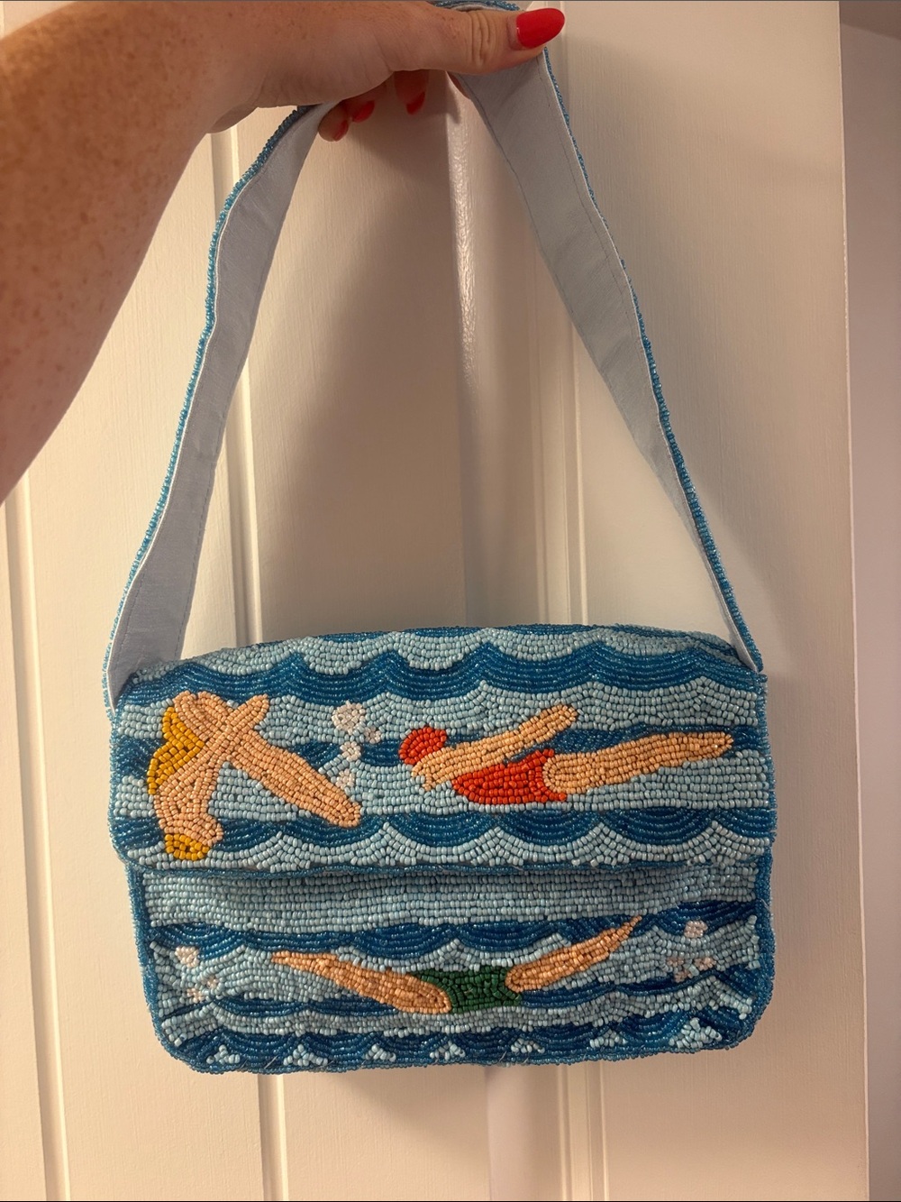 Light Blue Beaded Swimmer Motif Shoulder Bag NWOT